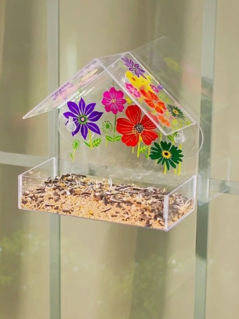 Plow & Hearth Clear Floral Window Bird Feeder with Multicolor Design- OS